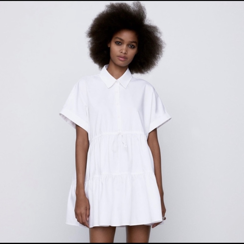 Zara tiered poplin white cotton mini dress